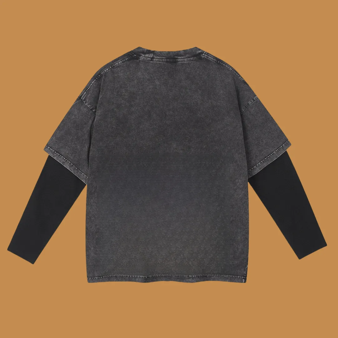 🅿️240 (Profit from cooperation) High-end quality DIOR 2025SS spring and summer clothing Fake two-piece washed snowflake series Fake two-piece long T-shirt with slogan Imported Kornit digital direct-injection printing Custom-dyed high-quality trendy brand 100% cotton washed 260G fabric Ready-made garments dyed ➕ washed fried snowflake OS loose off-shoulder version Unisex size: S.M.L.XL.2XL