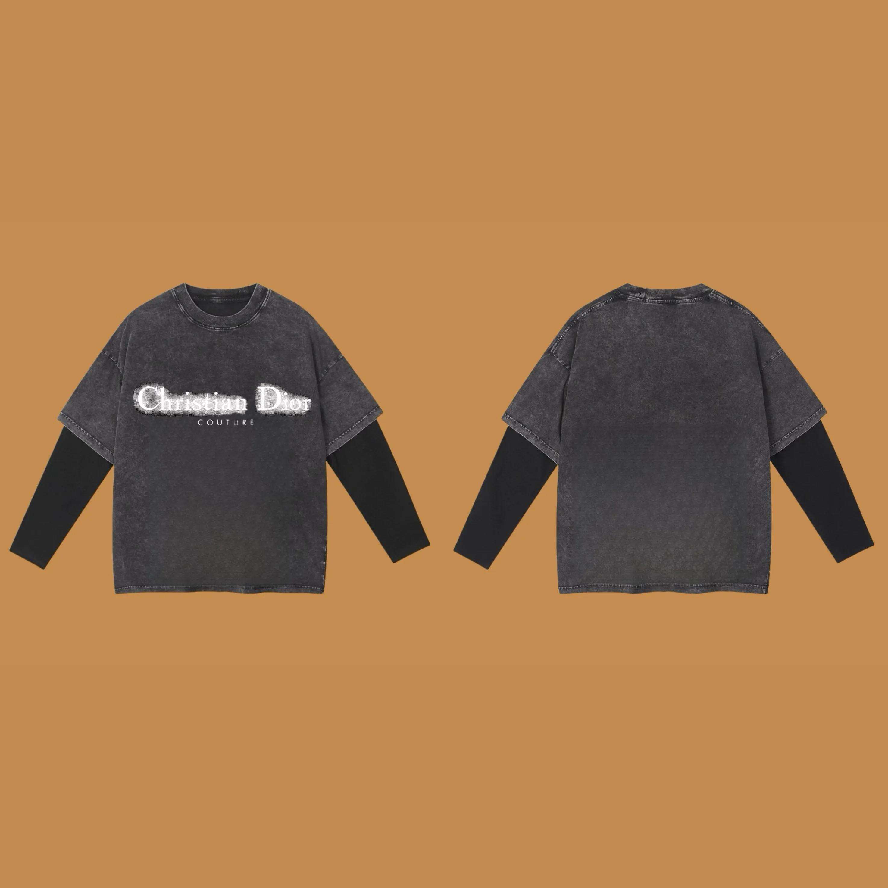 🅿️240 (Profit from cooperation) High-end quality DIOR 2025SS spring and summer clothing Fake two-piece washed snowflake series Fake two-piece long T-shirt with slogan Imported Kornit digital direct-injection printing Custom-dyed high-quality trendy brand 100% cotton washed 260G fabric Ready-made garments dyed ➕ washed fried snowflake OS loose off-shoulder version Unisex size: S.M.L.XL.2XL