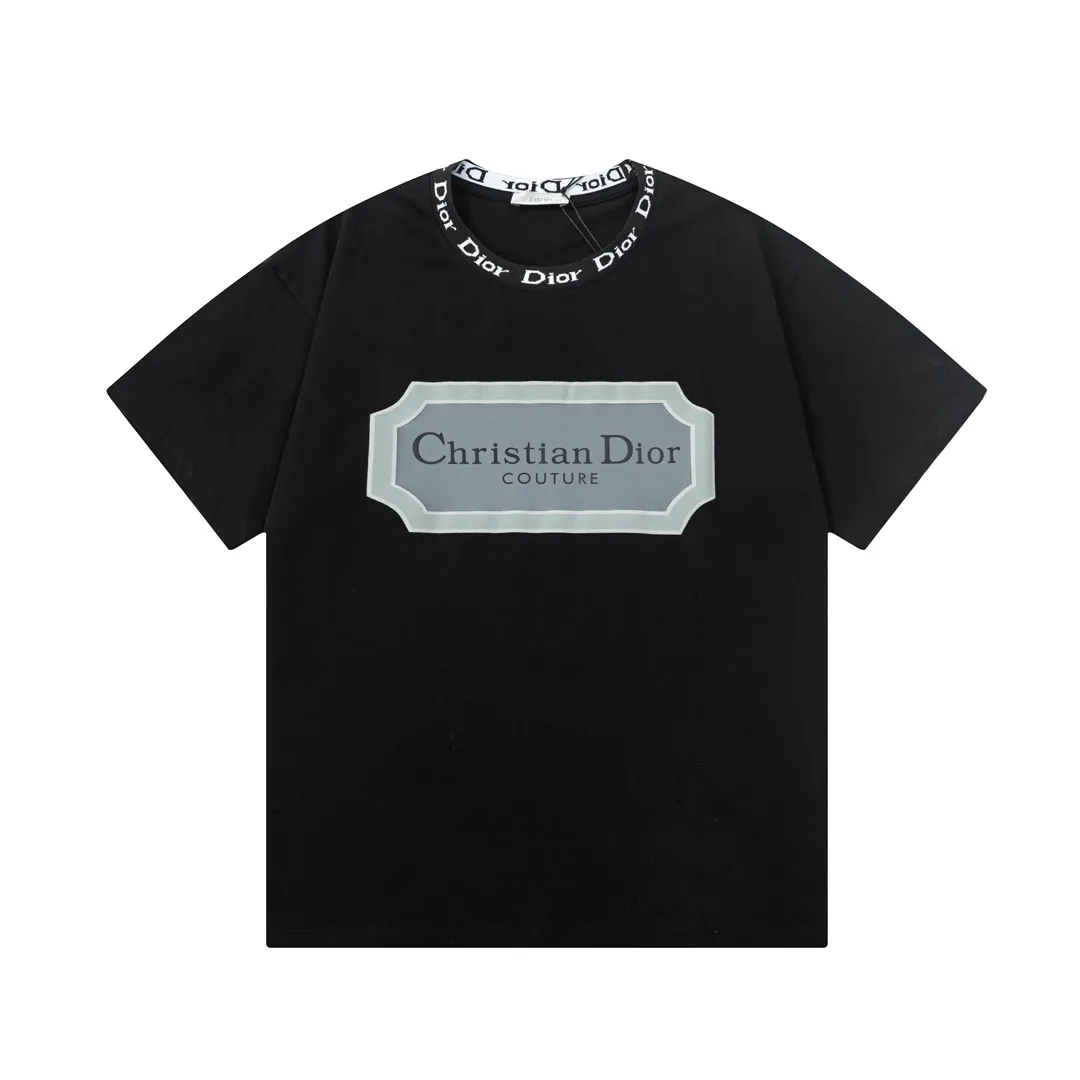 🅿️180 high version DIOR Dior 2025 early spring new style customized 310g double yarn pure cotton fabric letter logo collar chest flocking foam frame technology same style for men and women short-sleeved T-shirt Color: Black Size: S-XL