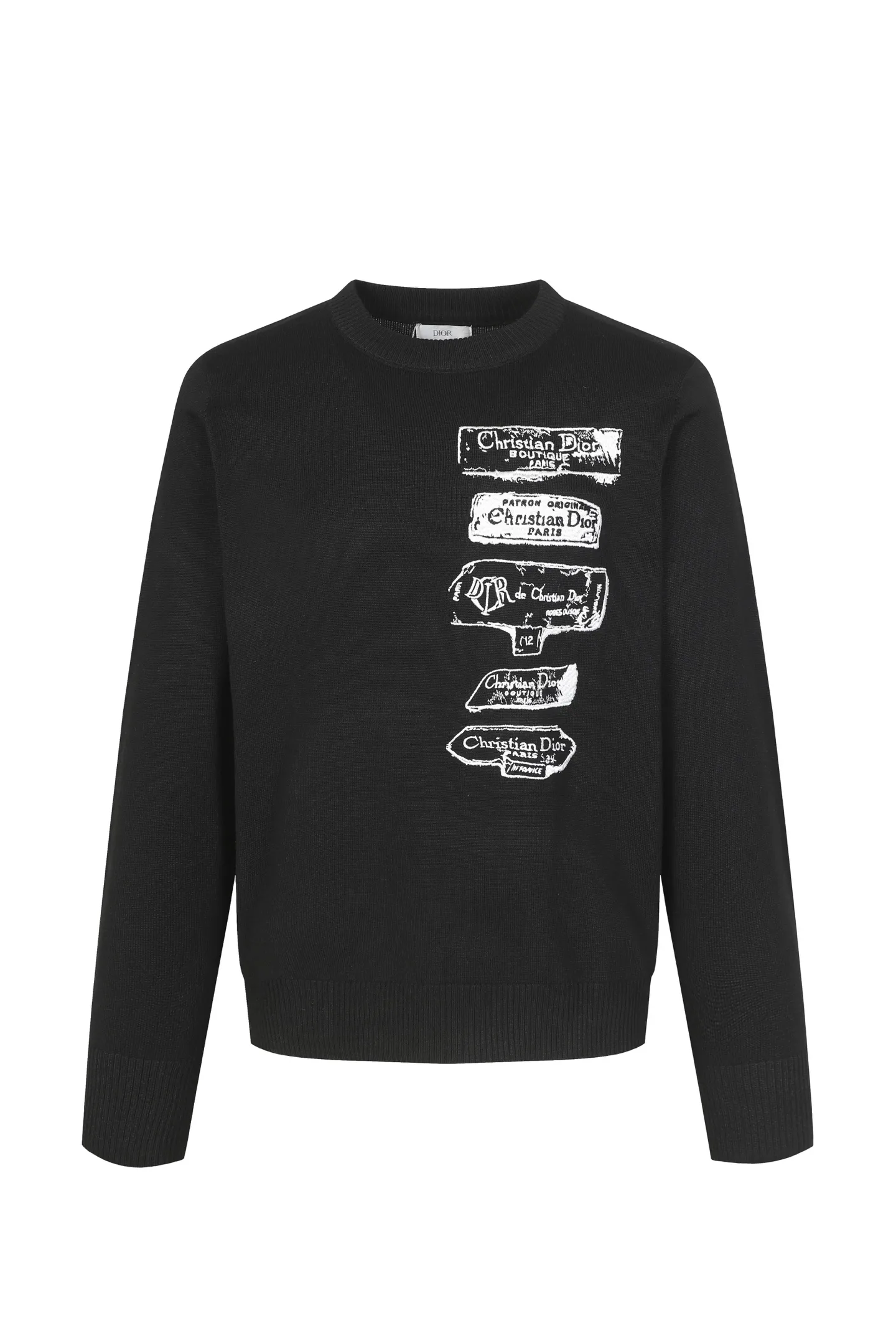🅿️340 CD Archives Logo Embroidered Crew Neck Sweater The Archives Labels logo is reinterpreted with an embroidered version of the brand label. Made of white wool jersey with ribbed crew neck, cuffs and hem. It is characterized by timeless charm and is perfect for adding a touch of elegance to spring looks. Dior Archives Labels embroidered at chest. Ribbed crew neck, cuffs and hem. Size:S M L