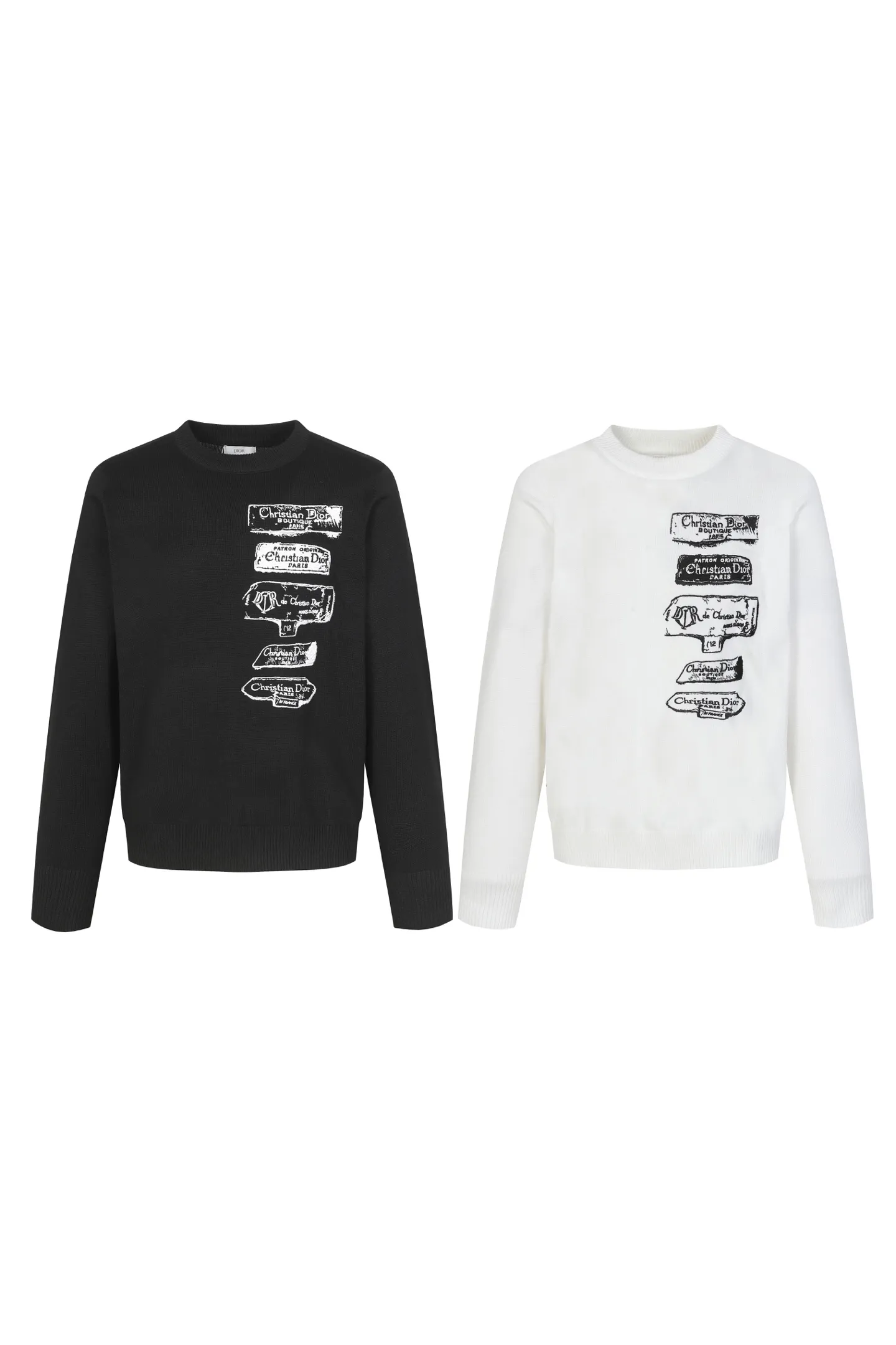🅿️340 CD Archives Logo Embroidered Crew Neck Sweater The Archives Labels logo is reinterpreted with an embroidered version of the brand label. Made of white wool jersey with ribbed crew neck, cuffs and hem. It is characterized by timeless charm and is perfect for adding a touch of elegance to spring looks. Dior Archives Labels embroidered at chest. Ribbed crew neck, cuffs and hem. Size:S M L