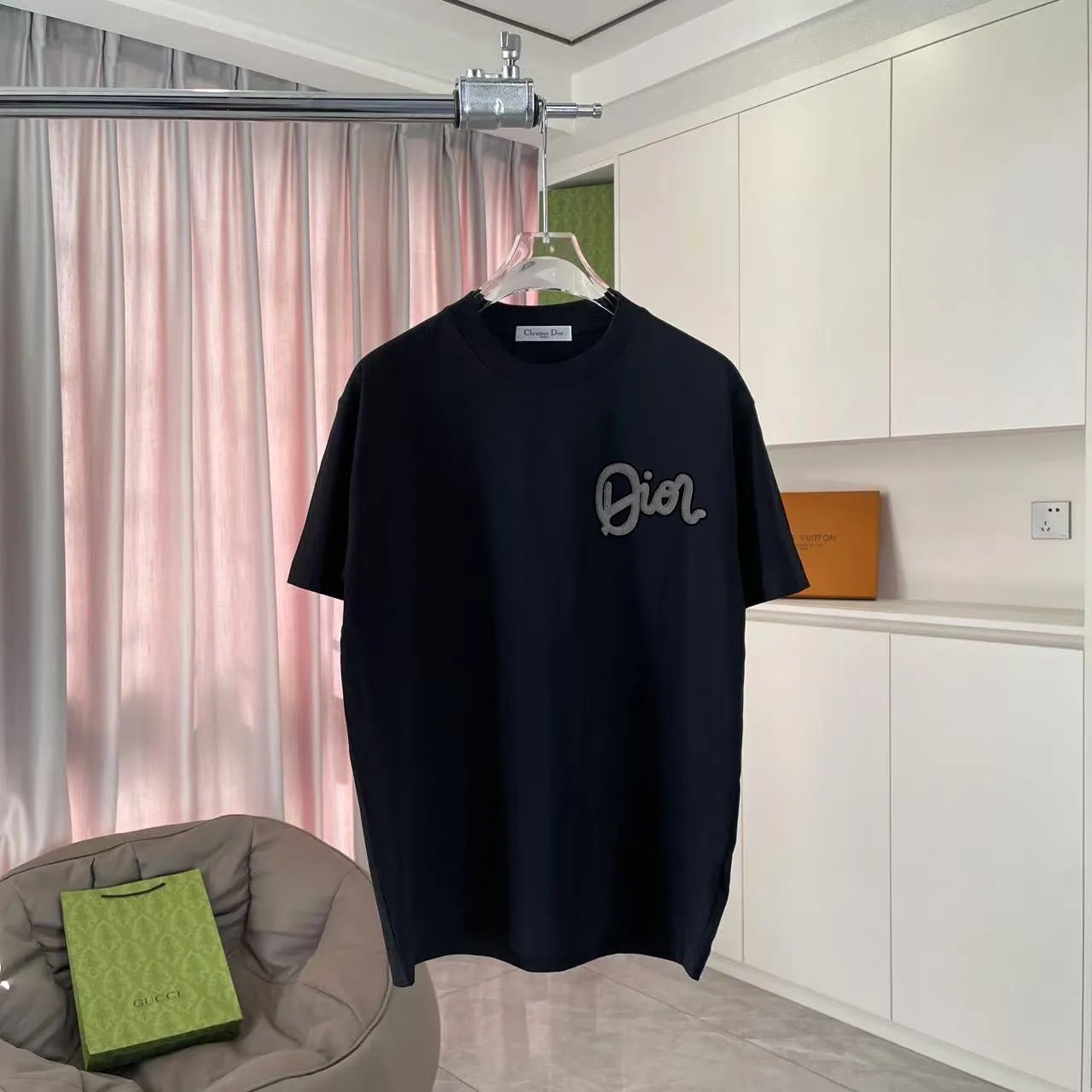 🅿️170 Dio Dior 2025 summer new style Personalized letter logo printing Short-sleeved T-shirt Customized fabric 300g Same style for men and women Color: Black White Pink Sky Blue Size: S M L XL XXL Five codes​