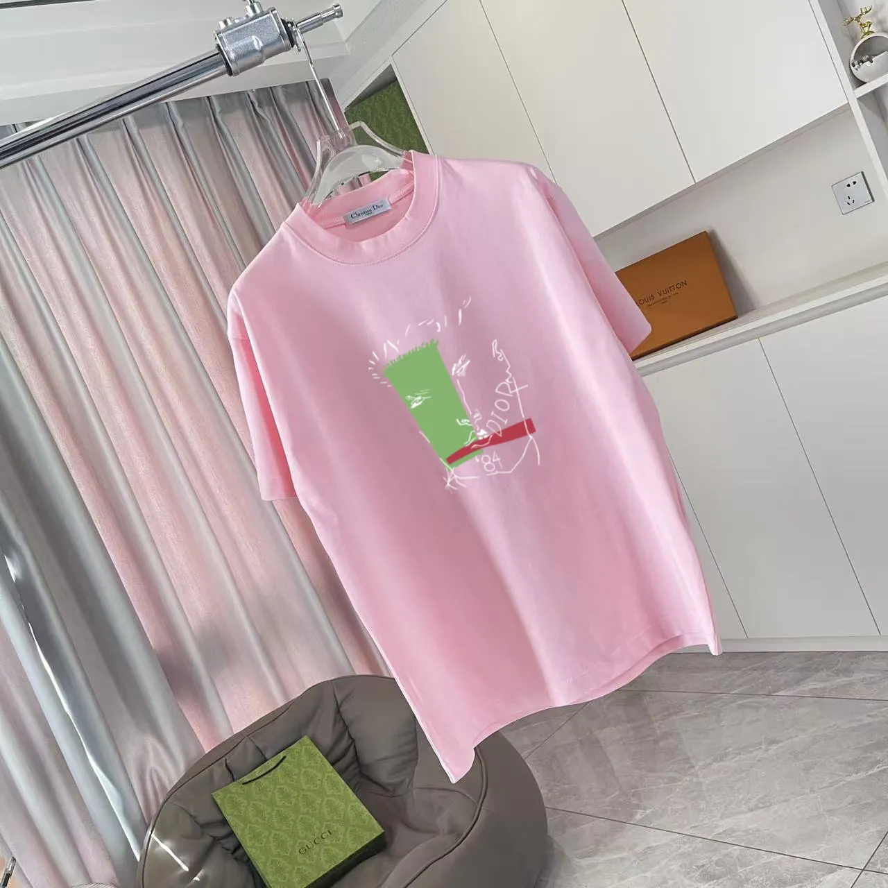 🅿️180 Dio Dior 2025 spring and summer new style personalized letter logo printing short-sleeved T-shirt customized fabric 300g same style for men and women Color: black white pink sky blue Size: S M L XL XXL five sizes ​