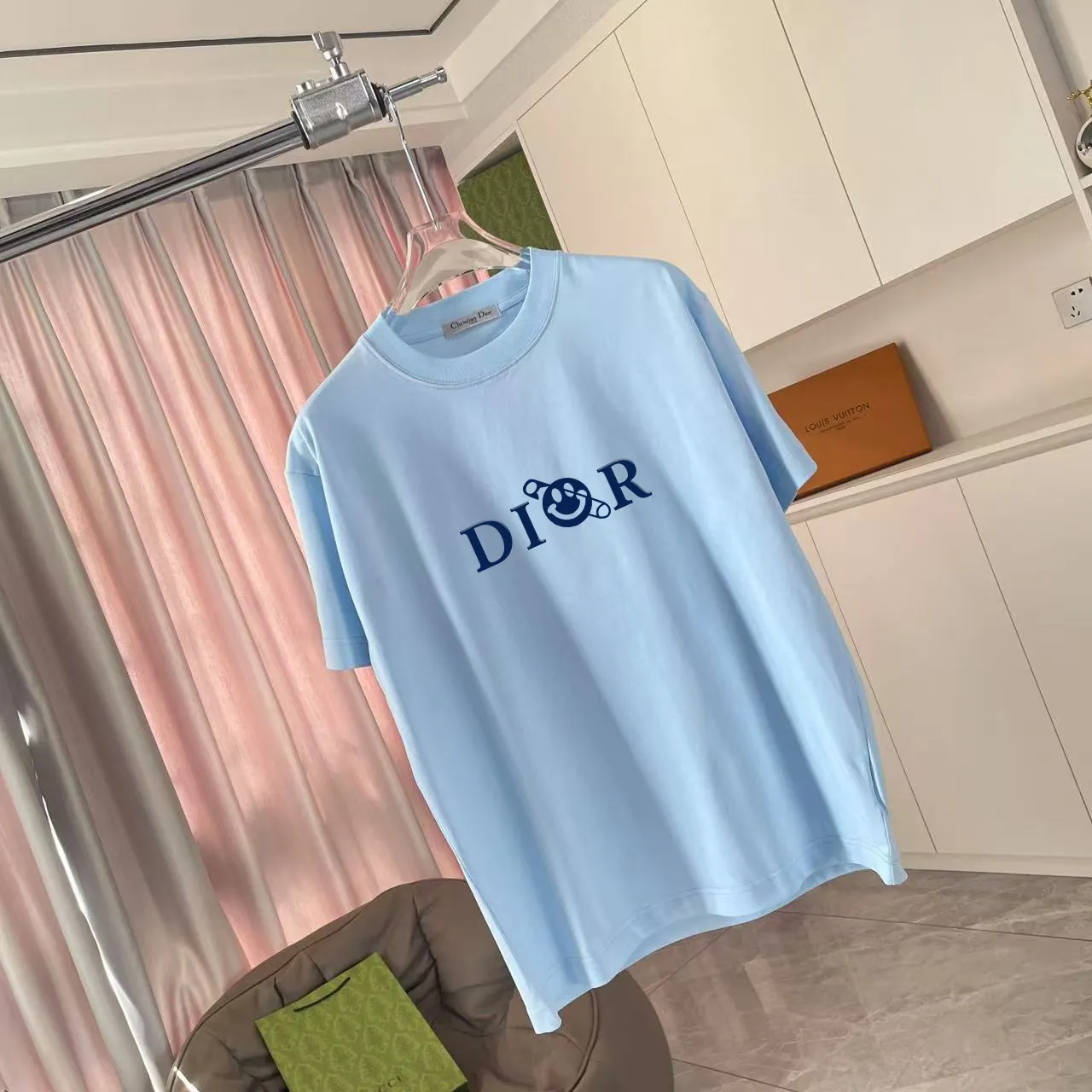 🅿️170 Dio Dior 2025 summer new style Personalized letter logo printing Short-sleeved T-shirt Customized fabric 300g Same style for men and women Color: Black White Sky Blue Iron Gray Size: S M L XL XXL Five codes​