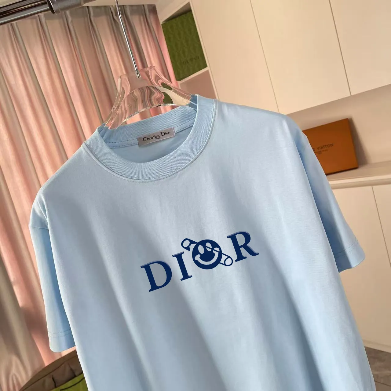 🅿️170 Dio Dior 2025 summer new style Personalized letter logo printing Short-sleeved T-shirt Customized fabric 300g Same style for men and women Color: Black White Sky Blue Iron Gray Size: S M L XL XXL Five codes​