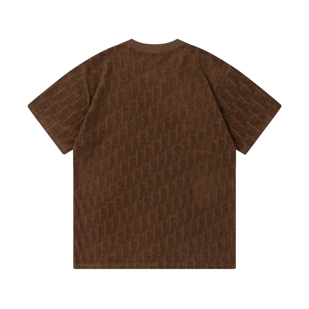 🅿️170 Dior Dior 2025 early spring new style Customized towel jacquard fabric Dark letter logo all over Unisex short-sleeved T-shirt Color: Brown Size: XS-L