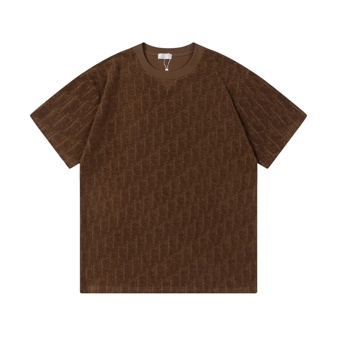 🅿️170 Dior Dior 2025 early spring new style Customized towel jacquard fabric Dark letter logo all over Unisex short-sleeved T-shirt Color: Brown Size: XS-L