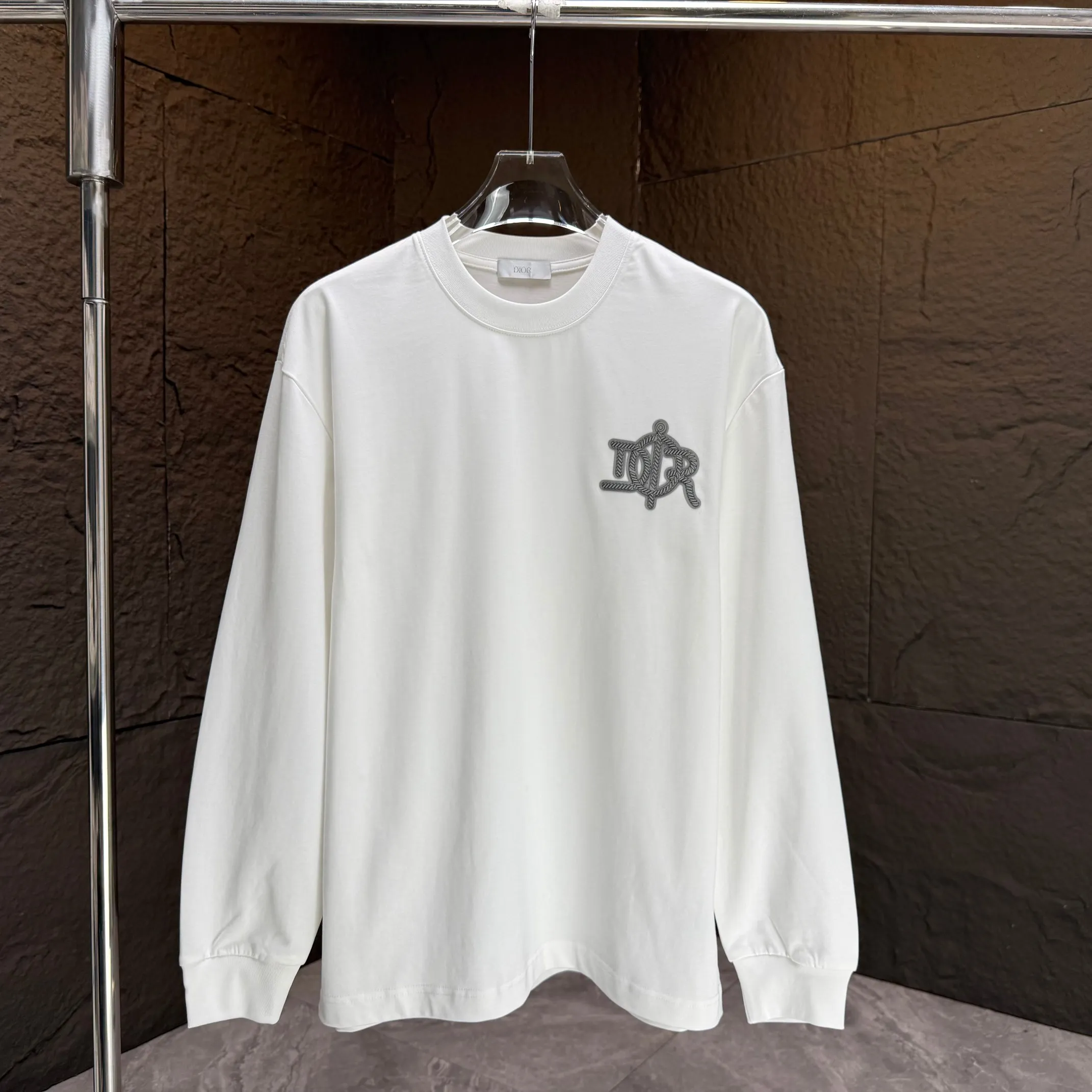 🅿️230 Dio* Dior* 2025 autumn and winter new thick long-sleeved T-shirt 320g pure cotton letter logo three-dimensional silicone Color: Black White Angora Red Size: S M L XL