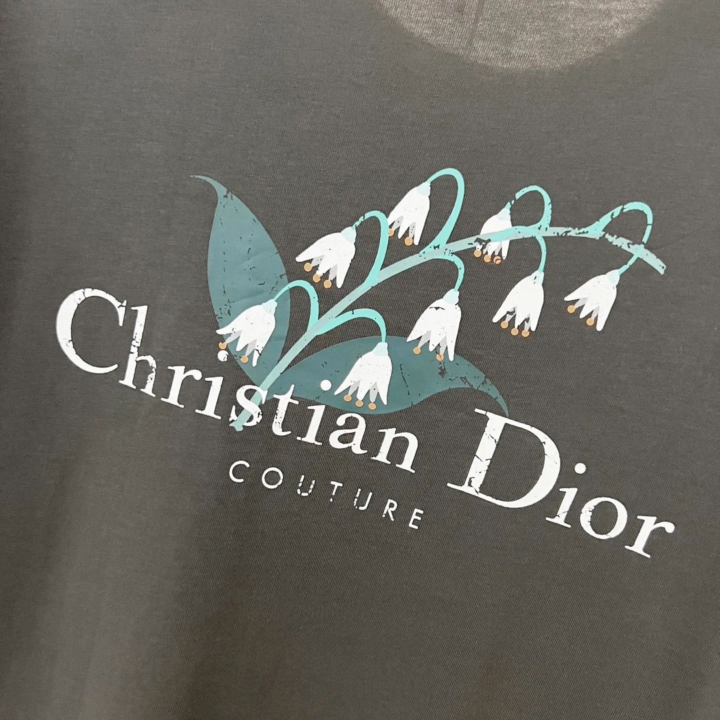 🅿️180 DIOR/Dior 260g round neck short-sleeved T-shirt, brand letter small mark LOGO, lily of the valley pattern printing process, official synchronization, high version, high quality, fashionable personality, versatile trend, pure original quality, original fabric, tag, collar label, washed wheat, three labels complete, color: black, apricot, gray. Size: XS-L