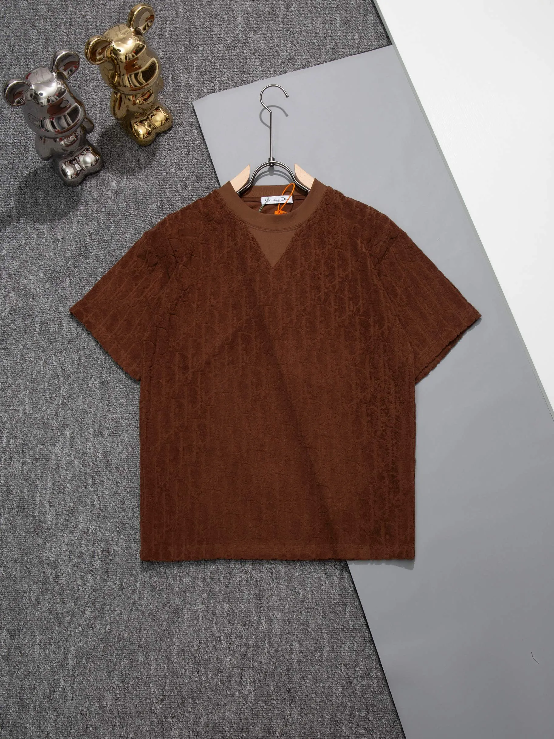 🅿️200 DIOR round neck triangle short-sleeved T-shirt made of cloth LOGO velvet fabric, official synchronization, 1:1 original mold opening, fashionable personality, versatile trend, pure original quality, original washed fabric, tag, collar label, washed wheat, complete three labels, color: black, white, coffee, purple, size: S M L XL