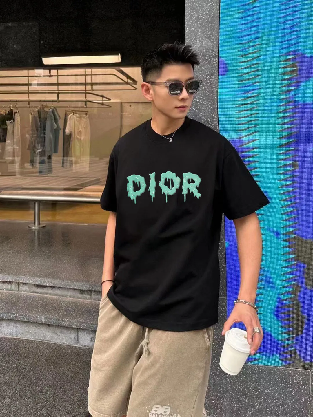 🅿️170 [DIOR Dior] 2025FW short-sleeved T-shirt LOGO printing High-end 26s double yarn 300g fabric Heavy fabric Customized frame ribbing in the same cylinder and dyeing Complete three standards Same style for men and women Color: Black White Size: S M L XL 2XL