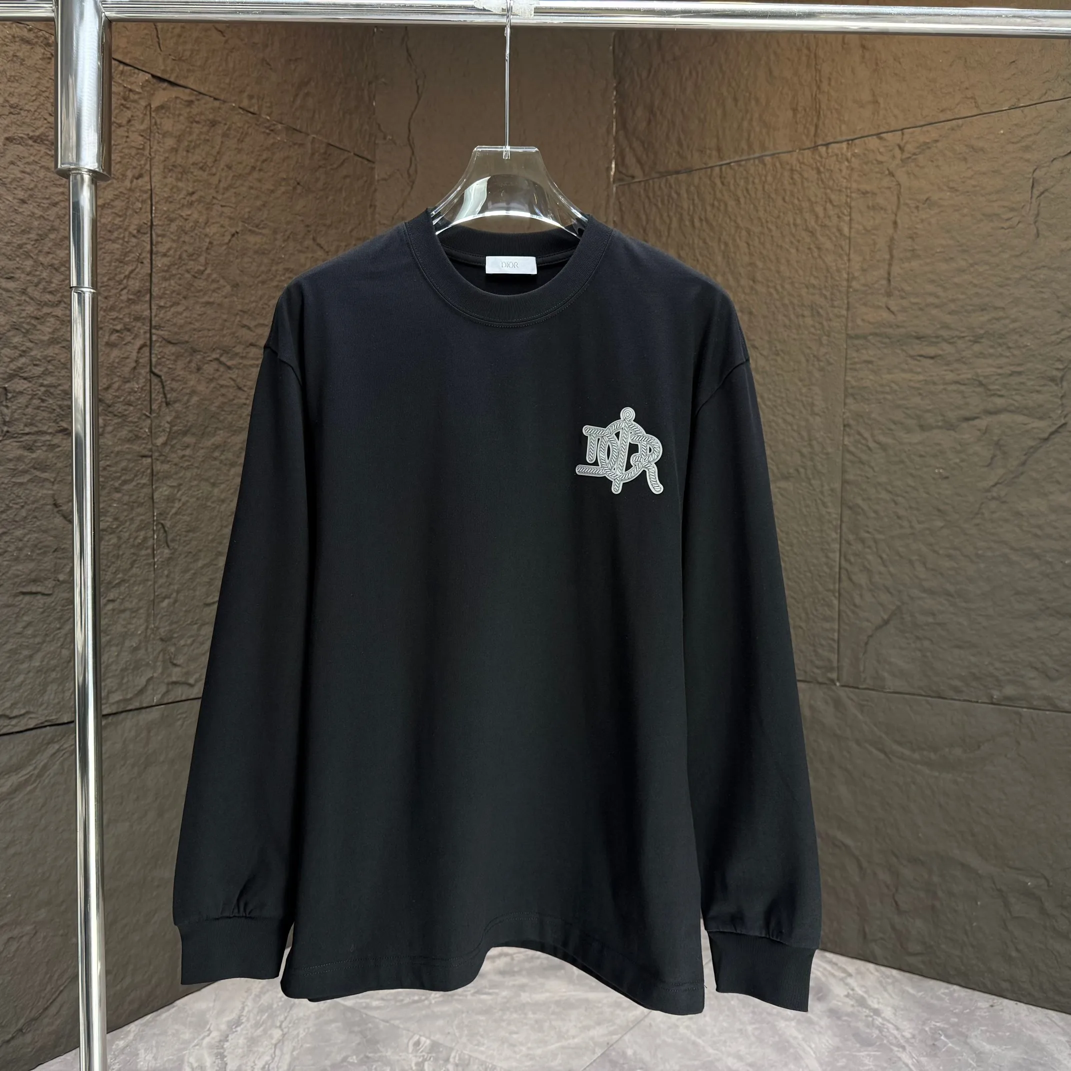 🅿️230 Dio* Dior* 2025 autumn and winter new thick long-sleeved T-shirt 320g pure cotton letter logo three-dimensional silicone Color: Black White Angora Red Size: S M L XL