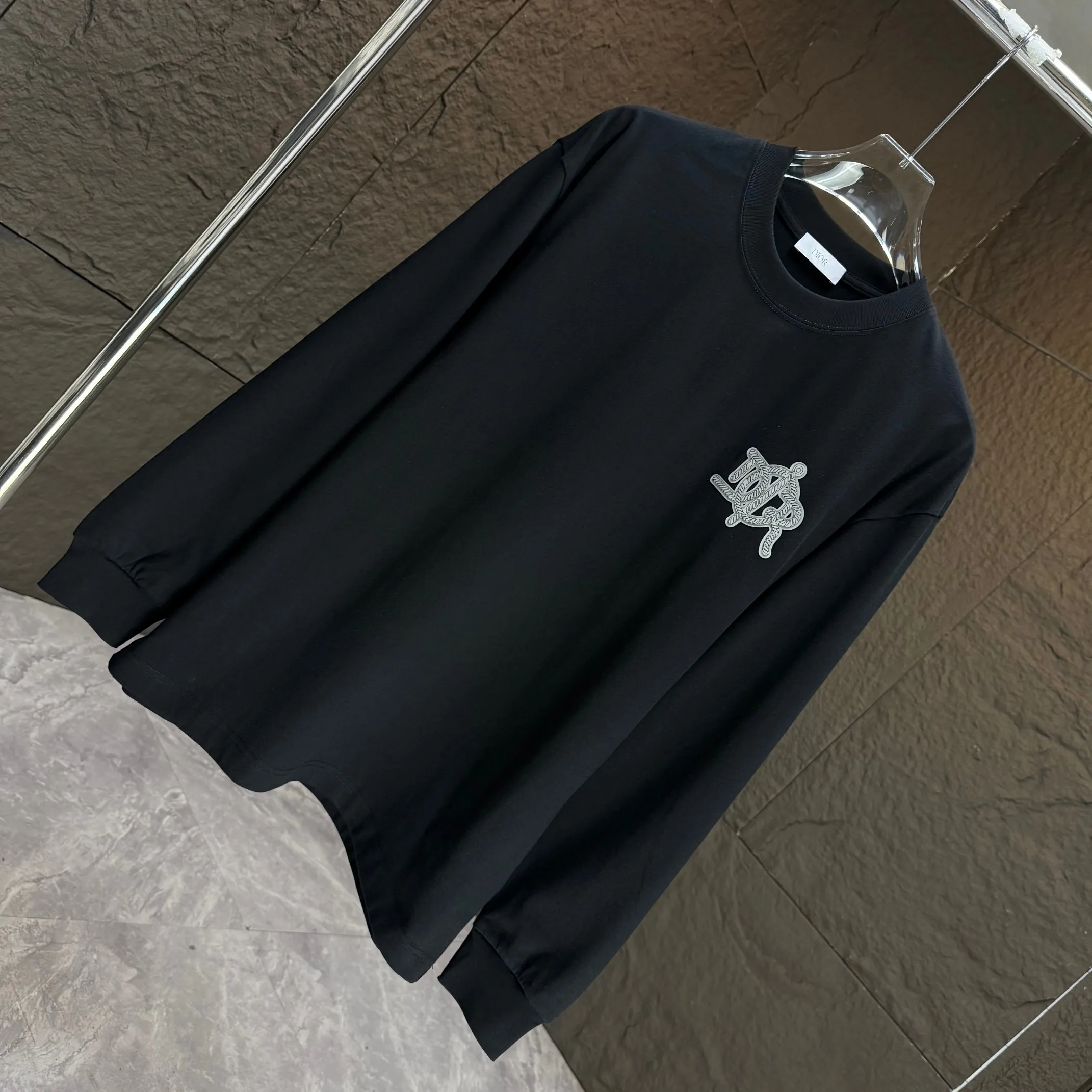 🅿️230 Dio* Dior* 2025 autumn and winter new thick long-sleeved T-shirt 320g pure cotton letter logo three-dimensional silicone Color: Black White Angora Red Size: S M L XL