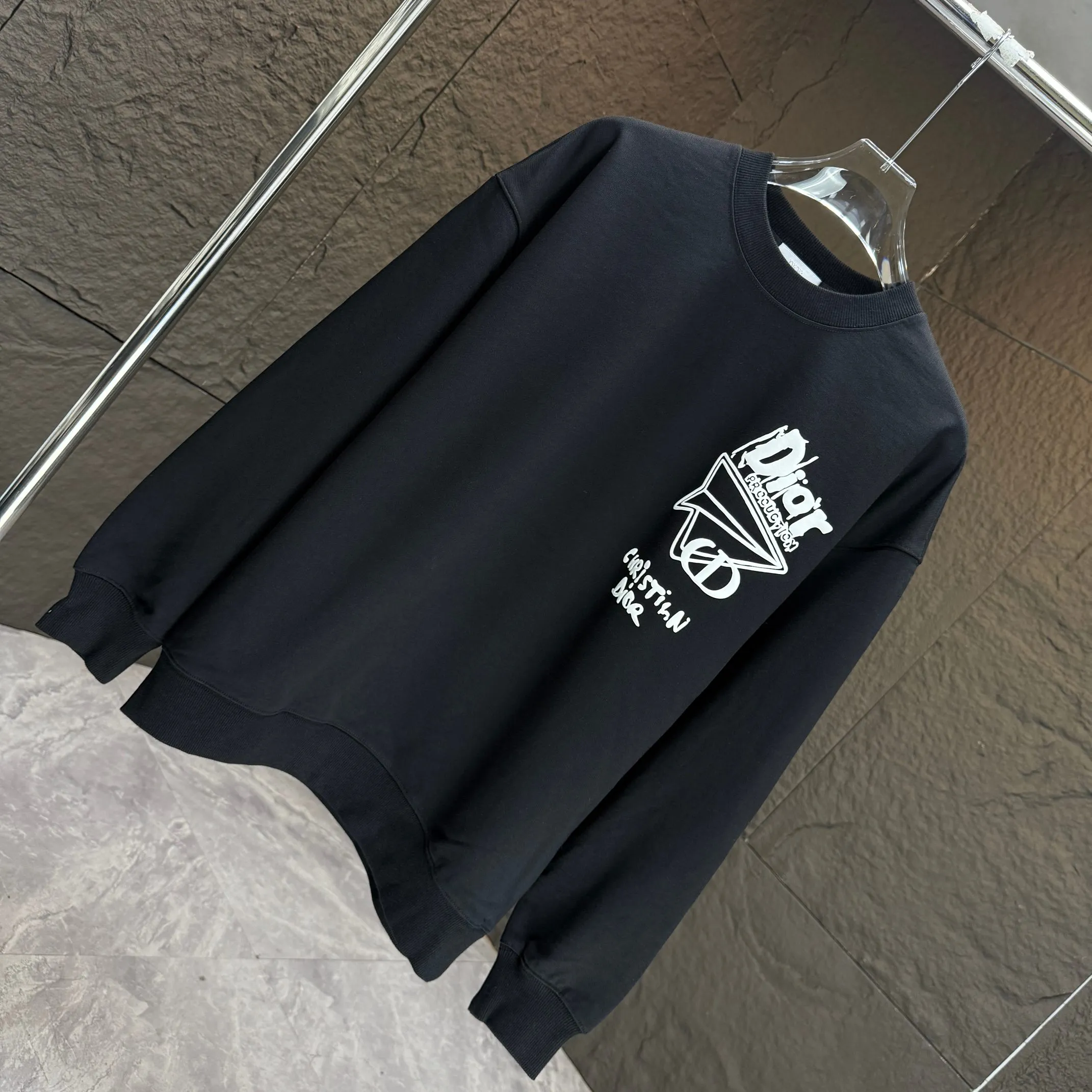 🅿️240 Dio* Dior* 2025 autumn and winter new round neck sweatshirt 400g terry cotton letter logo three-dimensional foam Color: Black White Blue Gray Size: S M L XL XXL