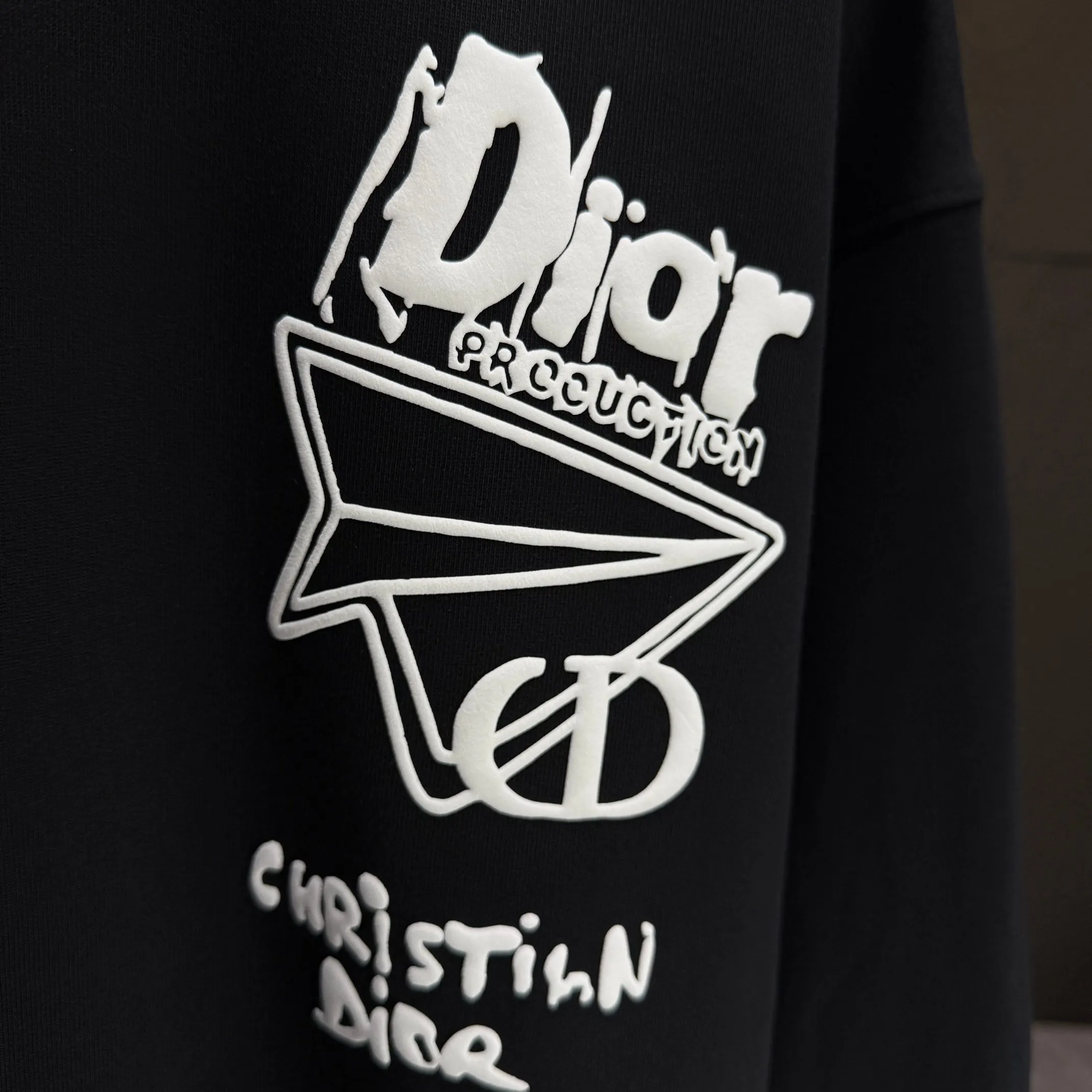 🅿️240 Dio* Dior* 2025 autumn and winter new round neck sweatshirt 400g terry cotton letter logo three-dimensional foam Color: Black White Blue Gray Size: S M L XL XXL
