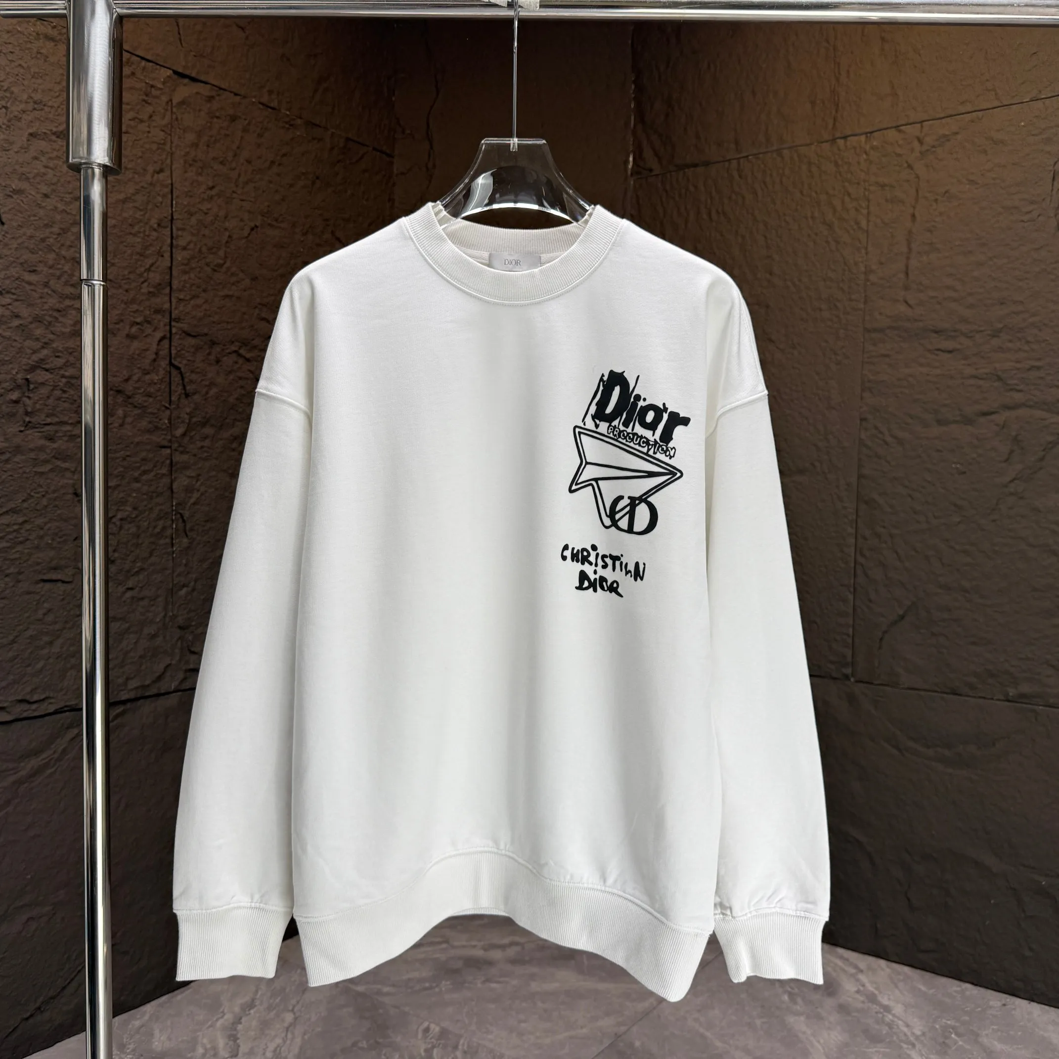 🅿️240 Dio* Dior* 2025 autumn and winter new round neck sweatshirt 400g terry cotton letter logo three-dimensional foam Color: Black White Blue Gray Size: S M L XL XXL