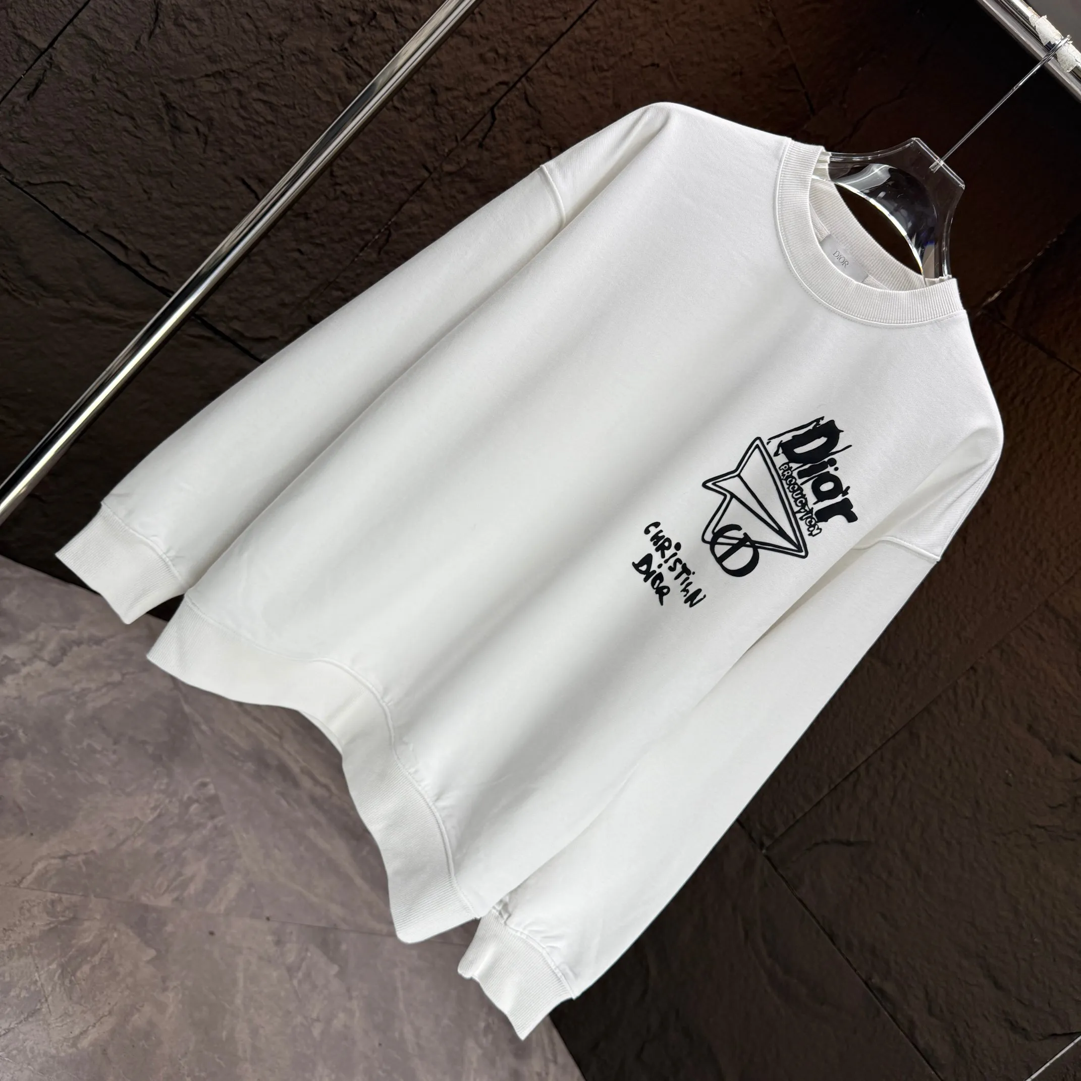 🅿️240 Dio* Dior* 2025 autumn and winter new round neck sweatshirt 400g terry cotton letter logo three-dimensional foam Color: Black White Blue Gray Size: S M L XL XXL