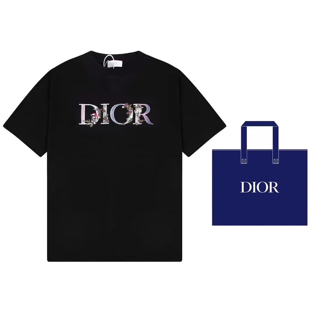 🅿️190 (➕5🉑 Comes with handbag) DIOR Dior Floral Letters Logo Gradient Color Embroidery Golden Classic Short-Sleeved T-shirt Customized 240g same vat dyed fabric, very comfortable to the touch. Latest brick cabinet synchronization for spring and summer OS off-shoulder version, fashionable and individual, super versatile and good-looking, very suitable for both men and women, must-have style, hangtag, collar label, washed wheat, complete with three labels, style number: 23803 Color: Black Size: XS~L