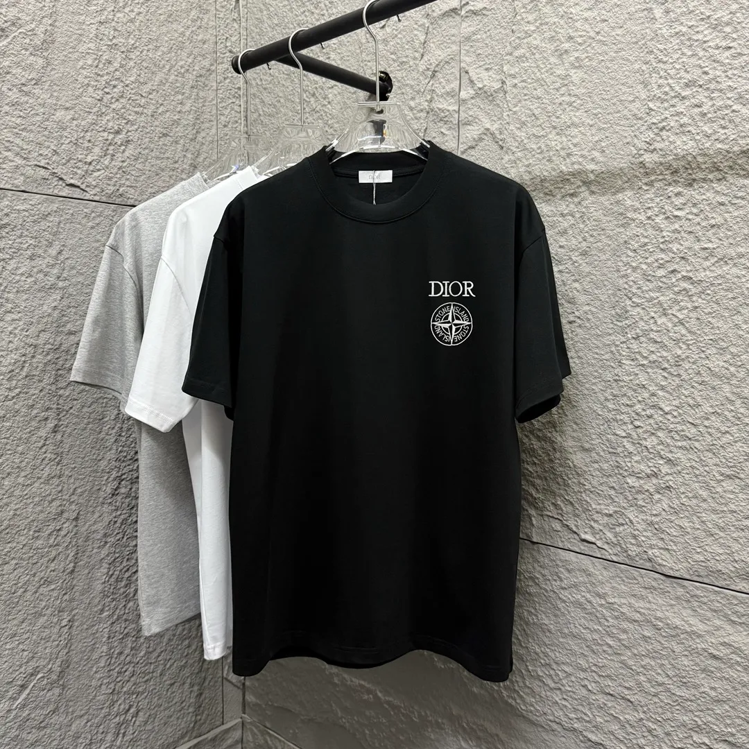 🅿️190 Dio*Dior 2025 spring and summer new style Stone joint letters embroidery Back printing Customized double yarn plain cotton fabric Short-sleeved T-shirt Unisex Size: S (90-130 catties) M (120-150 catties) L (140-165 catties) XL (160-180 catties) XXL (180-210 catties) Color: black white