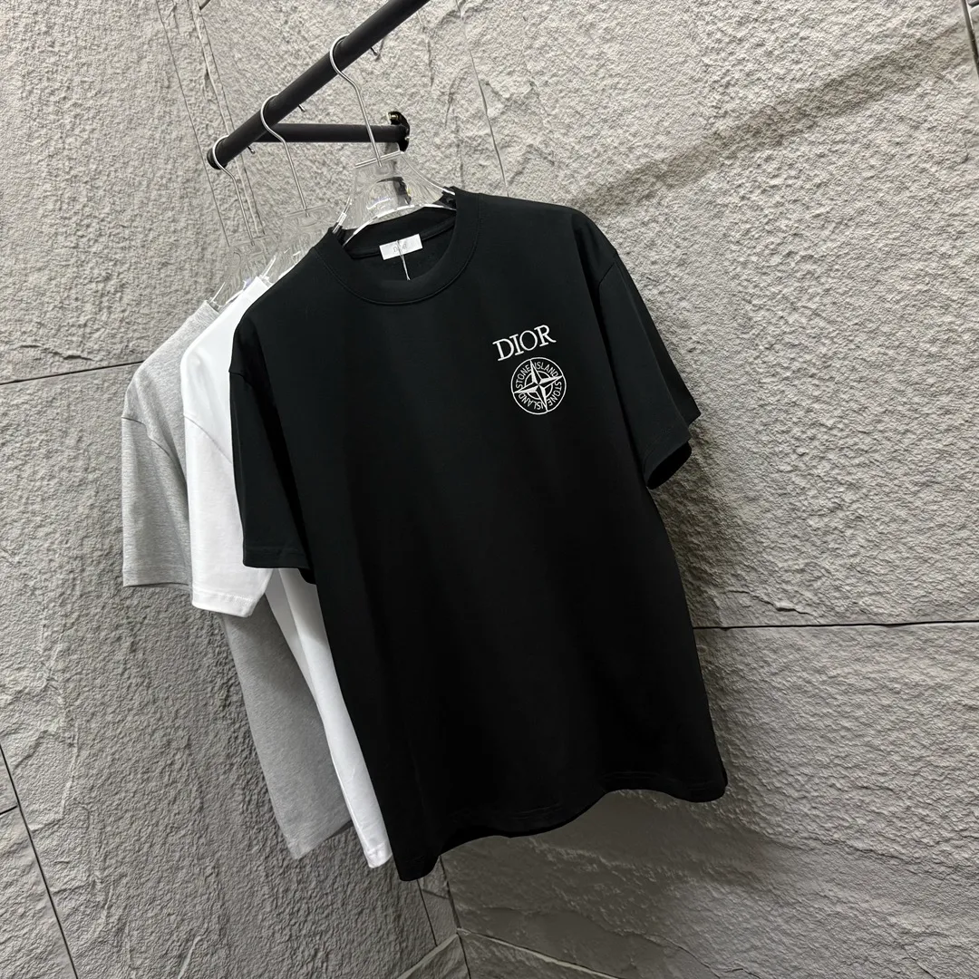 🅿️190 Dio*Dior 2025 spring and summer new style Stone joint letters embroidery Back printing Customized double yarn plain cotton fabric Short-sleeved T-shirt Unisex Size: S (90-130 catties) M (120-150 catties) L (140-165 catties) XL (160-180 catties) XXL (180-210 catties) Color: black white