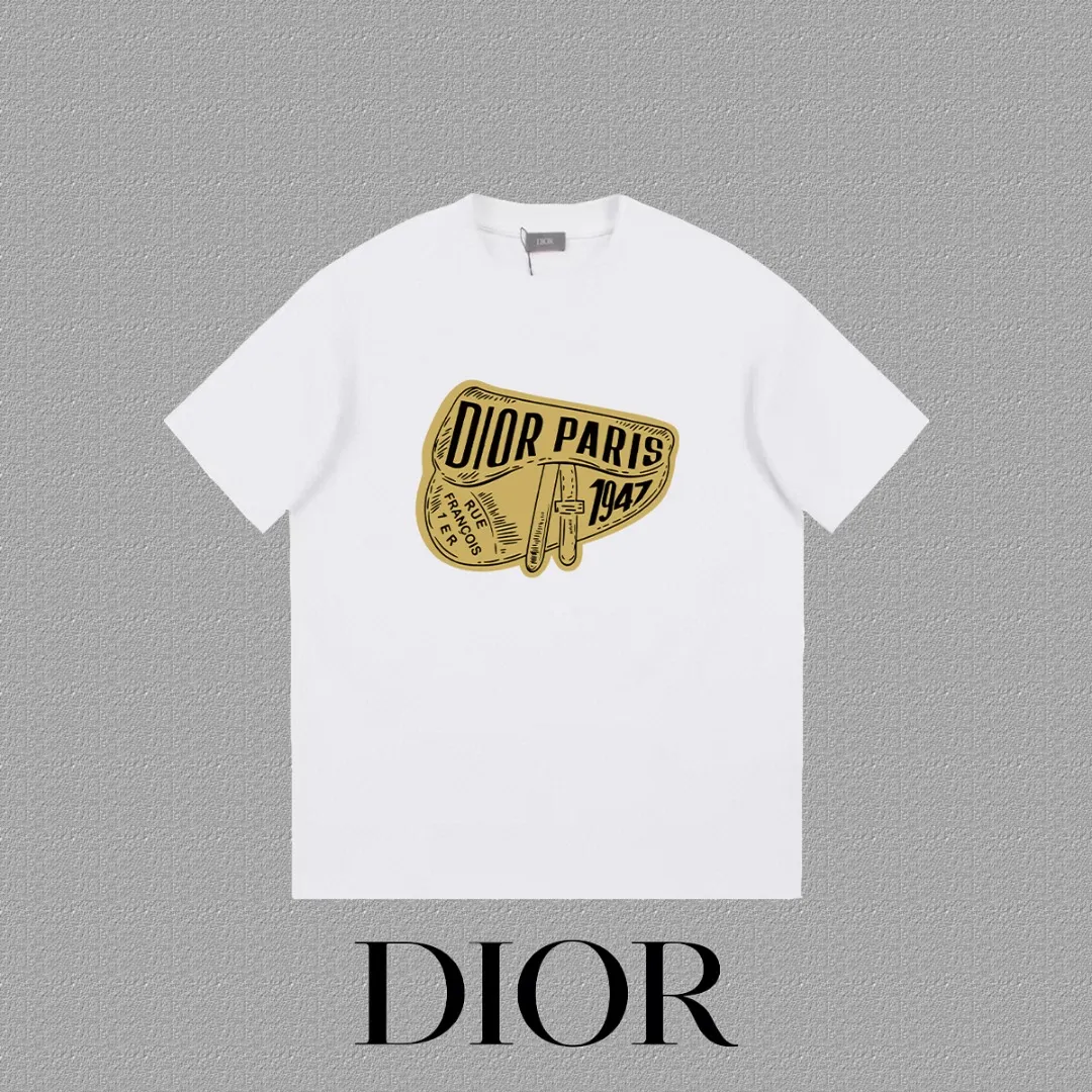 🅿️170 [DIOR Dior] 2025FW short-sleeved T-shirt LOGO printing High-end 26s double yarn 300g fabric Heavy fabric Customized frame ribbing in the same cylinder and dyeing Complete three standards Same style for men and women Color: Black White Size: S M L XL 2XL