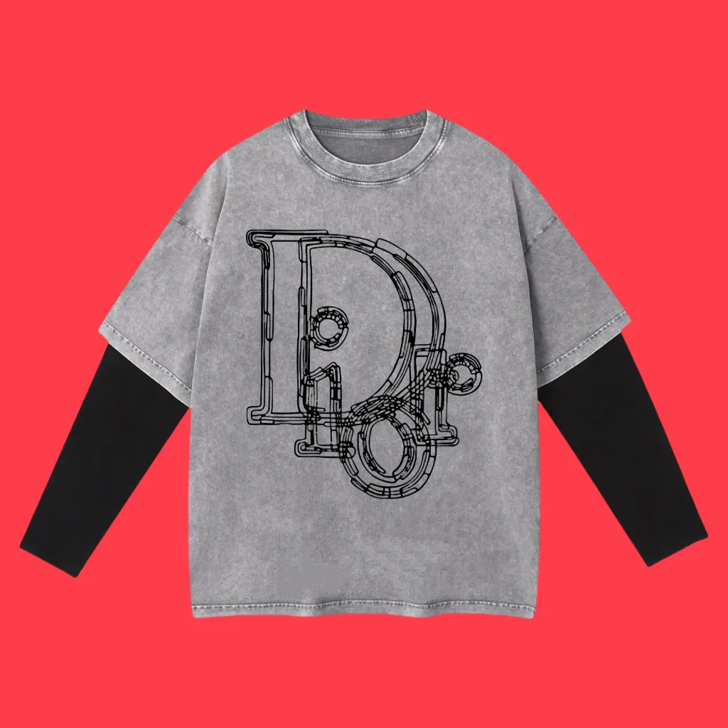 🅿️240 (Profit from cooperation) High-end quality DIOR 2025SS spring and summer clothing Fake two-piece washed snowflake series Fake two-piece long T-shirt with line logo Adopt imported Kornit digital direct printing printing High-quality trendy brand 100% cotton washed 260G fabric dyed ready-made garments dyed ➕ washed fried snowflake OS loose off-shoulder version Unisex size: S.M.L.XL.2XL