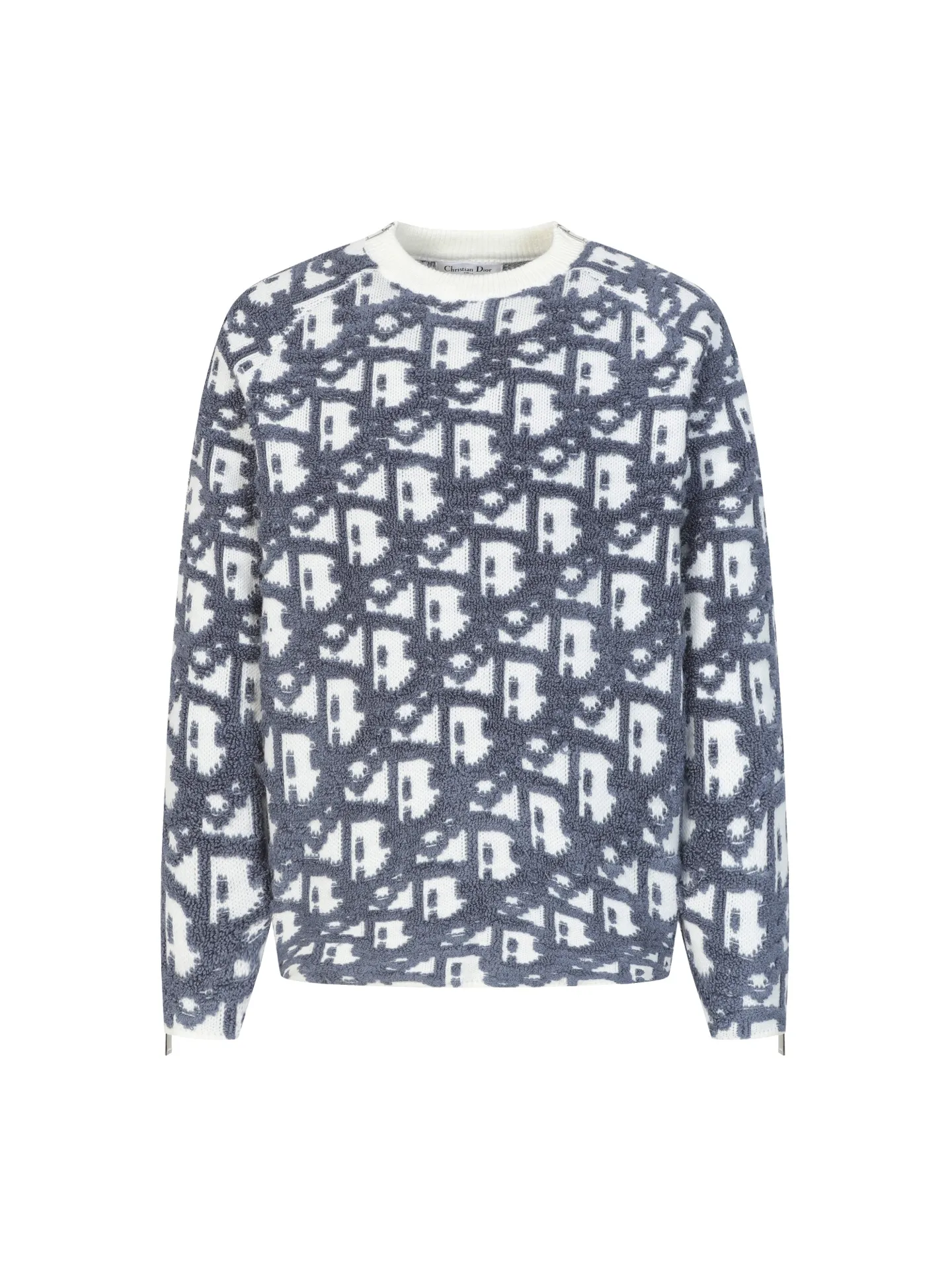 🅿️450 CD Home Jacquard Fabric Oblique Printed Sweater Details and Features This sweater reinterprets the Dior classic logo from a fashionable and modern perspective. Crafted from blended jacquard fabric, it's accentuated with a raised all-over classic light green Oblique print. Zippered sleeves add style, while a ribbed crew neck adds contrasting texture. Wear it with jeans for a graphic, casual look. All-over Oblique print sleeves with zip closure Contrasting ribbed crew neck Size: S M L