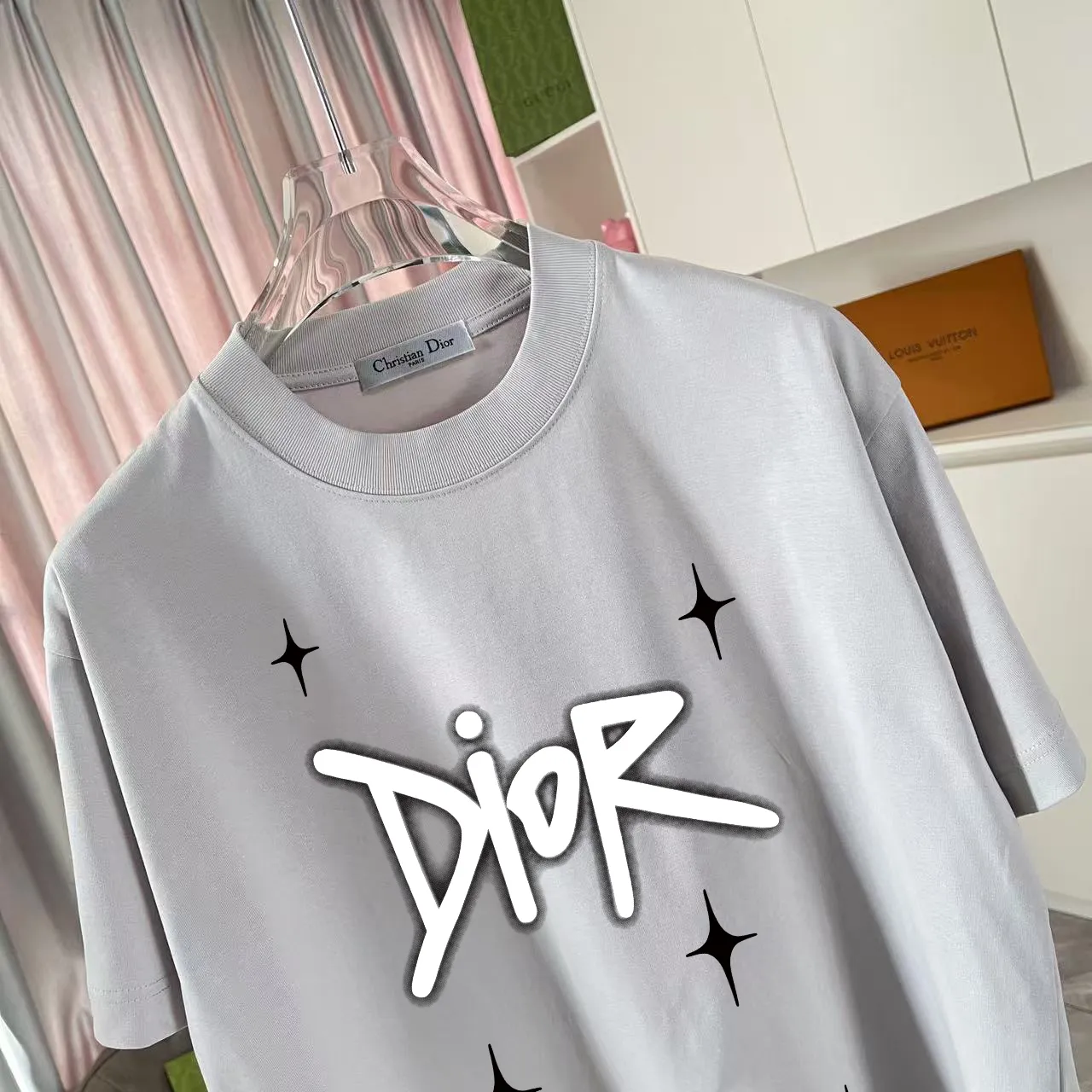 🅿️170 Dio*2025 autumn new style Personalized letter logo printing Short-sleeved T-shirt Customized fabric 300g Same style for men and women Color: black white lake green iron gray Size: S M L XL XXL five sizes
