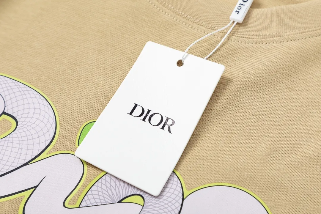 🅿️170 Dior Dior joint KAWS series 2025 new style Snake letter logo Uniform short-sleeved T-shirt for men and women ·Customized 280g 100% double yarn pure cotton fabric ·Dyeing 32 counts double-strand thread ·Kangli digital direct printing process ·Complete collar label, hangtag, main mark and three labels Color: Khaki Size: XS S M L