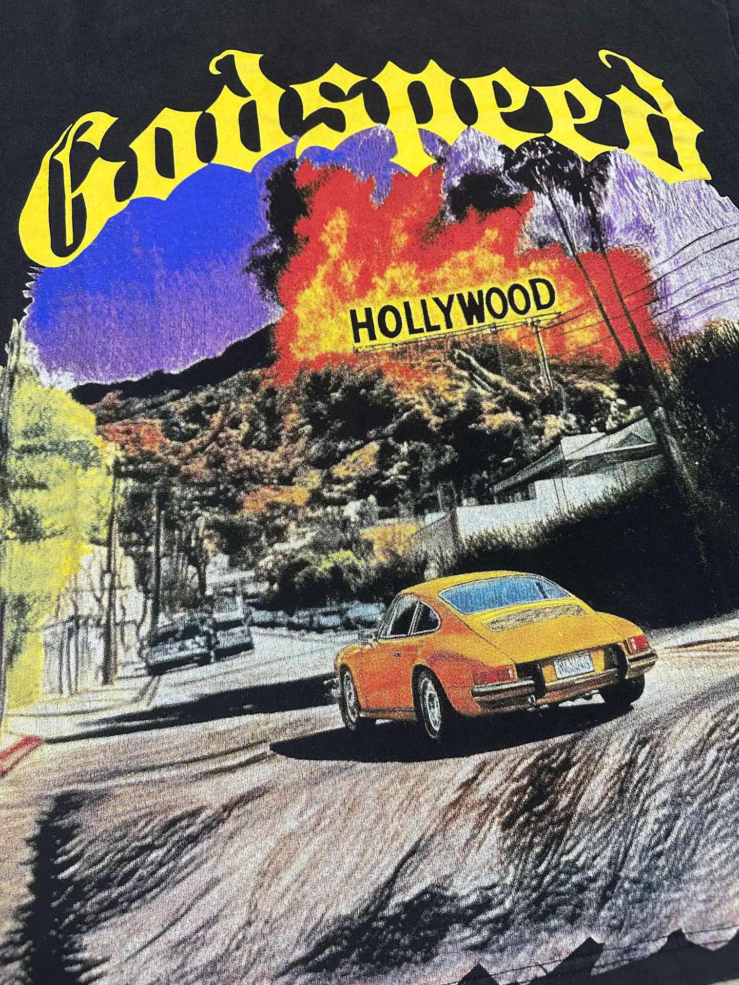 6320# Washed black I P116 Real stock (American fashion niche) Godspeed cross-border American rock street washed retro style short-sleeved T (craft printing) Fabric (fabric): 32 counts combed double yarn 250 grams weight Size (size): S-M-L-XL Color (colour): Washed black