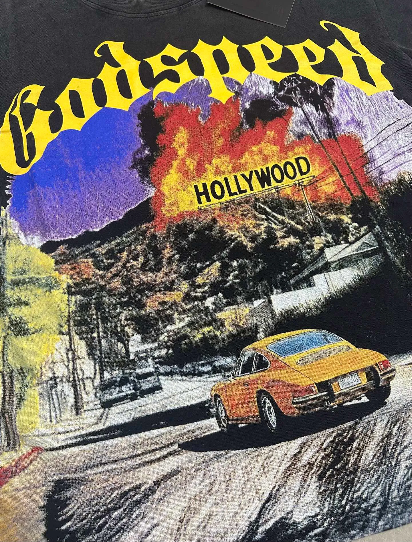 6320# Washed black I P116 Real stock (American fashion niche) Godspeed cross-border American rock street washed retro style short-sleeved T (craft printing) Fabric (fabric): 32 counts combed double yarn 250 grams weight Size (size): S-M-L-XL Color (colour): Washed black