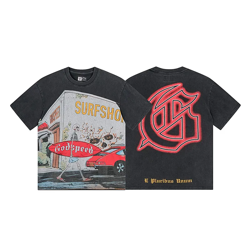 1167# P120 Washed Black Real Shot Godspeed American Fashion Rock Street Retro Washed Distressed Printed Pure Cotton Short Sleeves Fabric: 250g 32 Count Fine Cotton Double Yarn Pure Cotton Color: Washed Black Size: S M L XL