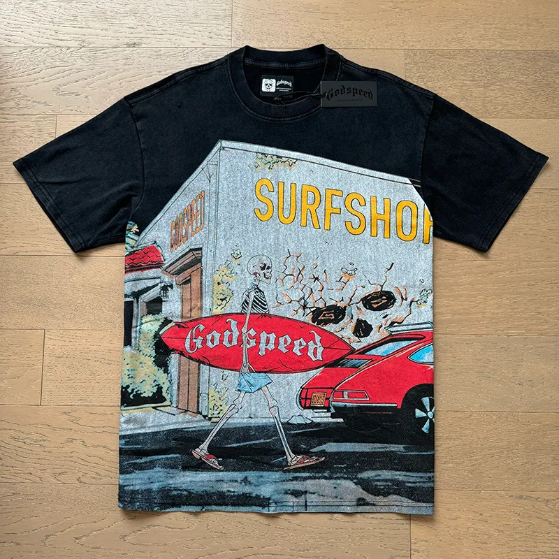 1167# P120 Washed Black Real Shot Godspeed American Fashion Rock Street Retro Washed Distressed Printed Pure Cotton Short Sleeves Fabric: 250g 32 Count Fine Cotton Double Yarn Pure Cotton Color: Washed Black Size: S M L XL