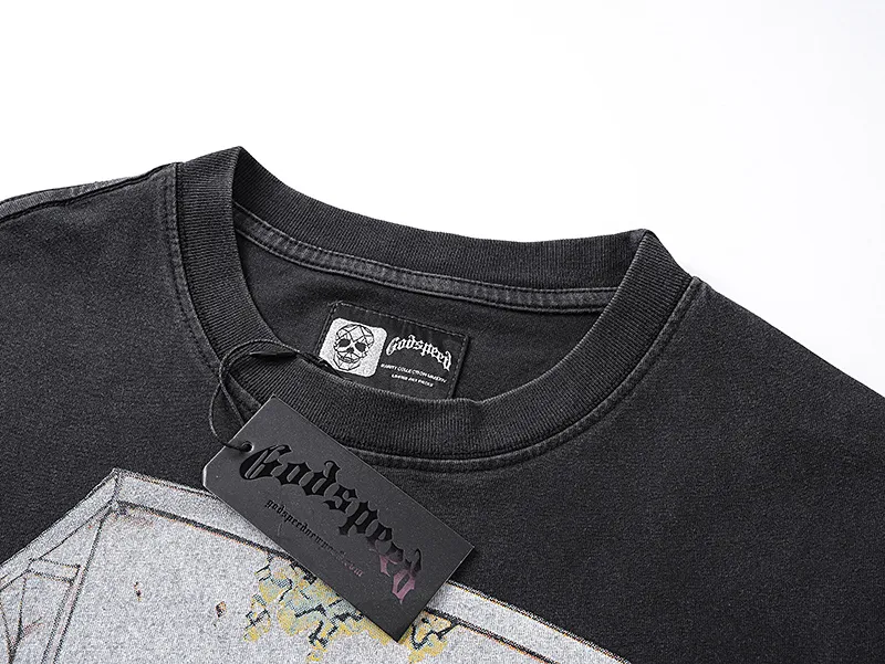 1167# P120 Washed Black Real Shot Godspeed American Fashion Rock Street Retro Washed Distressed Printed Pure Cotton Short Sleeves Fabric: 250g 32 Count Fine Cotton Double Yarn Pure Cotton Color: Washed Black Size: S M L XL