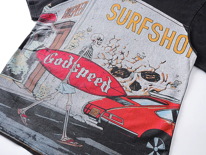 1167# P120 Washed Black Real Shot Godspeed American Fashion Rock Street Retro Washed Distressed Printed Pure Cotton Short Sleeves Fabric: 250g 32 Count Fine Cotton Double Yarn Pure Cotton Color: Washed Black Size: S M L XL
