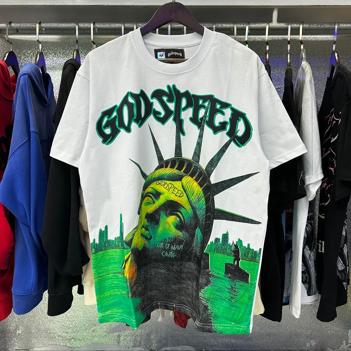 Actual photo, No. 7060, Mechao Godspeed Drowning Statue of Liberty print high weight double yarn pure cotton round neck short-sleeved T batch 110 Color: black, white, green; Size: S M L XL