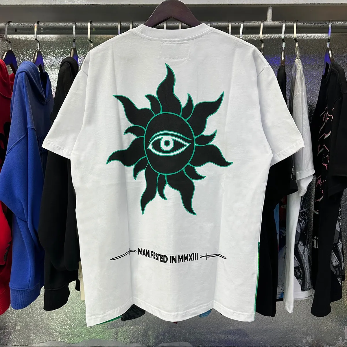 Actual photo, No. 7060, Mechao Godspeed Drowning Statue of Liberty print high weight double yarn pure cotton round neck short-sleeved T batch 110 Color: black, white, green; Size: S M L XL