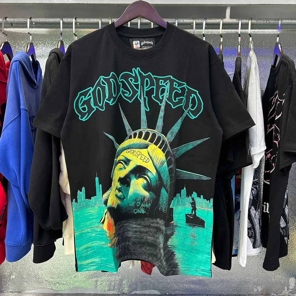 Actual photo, No. 7060, Mechao Godspeed Drowning Statue of Liberty print high weight double yarn pure cotton round neck short-sleeved T batch 110 Color: black, white, green; Size: S M L XL