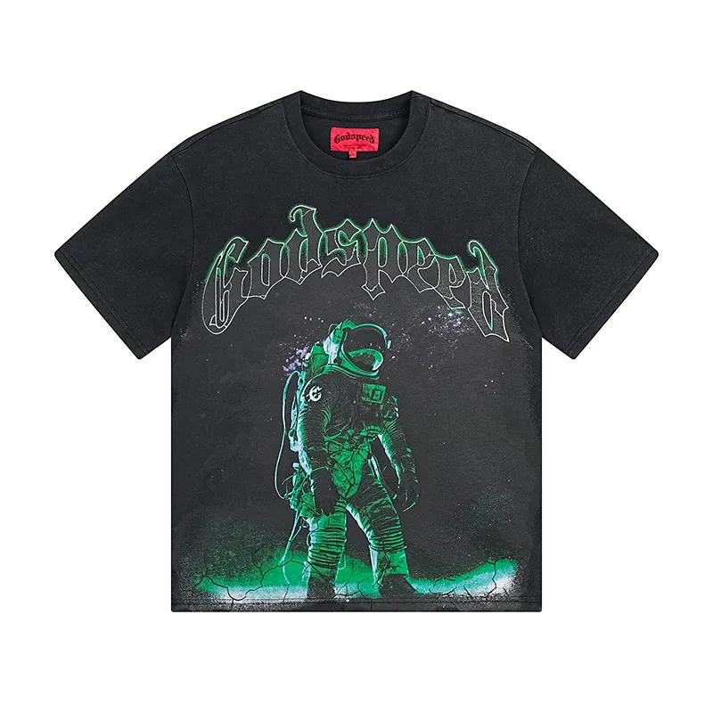 1086# P126 Washed Black Real Shot Godspeed American Fashion Rock Street Retro Washed Distressed Printed Pure Cotton Short Sleeves Fabric: 250g 32 Count Fine Cotton Double Yarn Pure Cotton Color: Washed Black Size: S M L XL