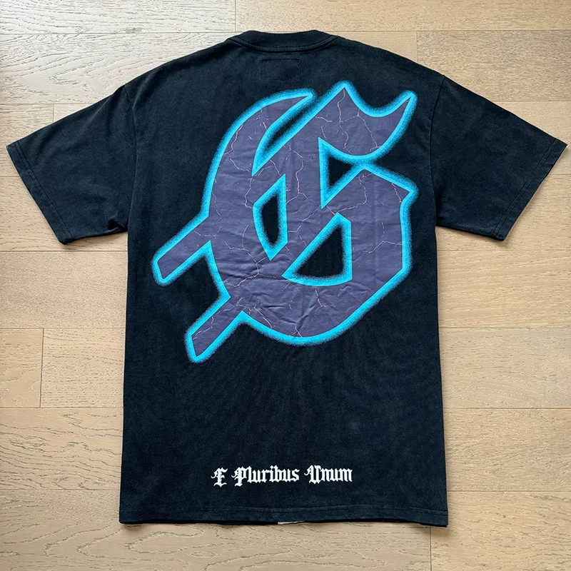 1086# P126 Washed Black Real Shot Godspeed American Fashion Rock Street Retro Washed Distressed Printed Pure Cotton Short Sleeves Fabric: 250g 32 Count Fine Cotton Double Yarn Pure Cotton Color: Washed Black Size: S M L XL