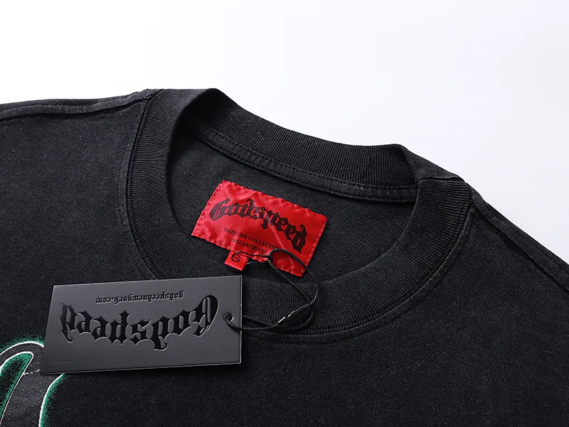 1086# P126 Washed Black Real Shot Godspeed American Fashion Rock Street Retro Washed Distressed Printed Pure Cotton Short Sleeves Fabric: 250g 32 Count Fine Cotton Double Yarn Pure Cotton Color: Washed Black Size: S M L XL