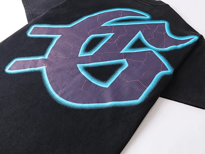 1086# P126 Washed Black Real Shot Godspeed American Fashion Rock Street Retro Washed Distressed Printed Pure Cotton Short Sleeves Fabric: 250g 32 Count Fine Cotton Double Yarn Pure Cotton Color: Washed Black Size: S M L XL
