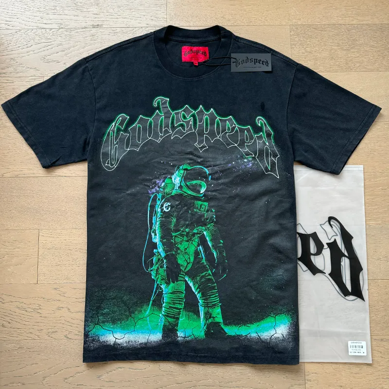 1086# P126 Washed Black Real Shot Godspeed American Fashion Rock Street Retro Washed Distressed Printed Pure Cotton Short Sleeves Fabric: 250g 32 Count Fine Cotton Double Yarn Pure Cotton Color: Washed Black Size: S M L XL