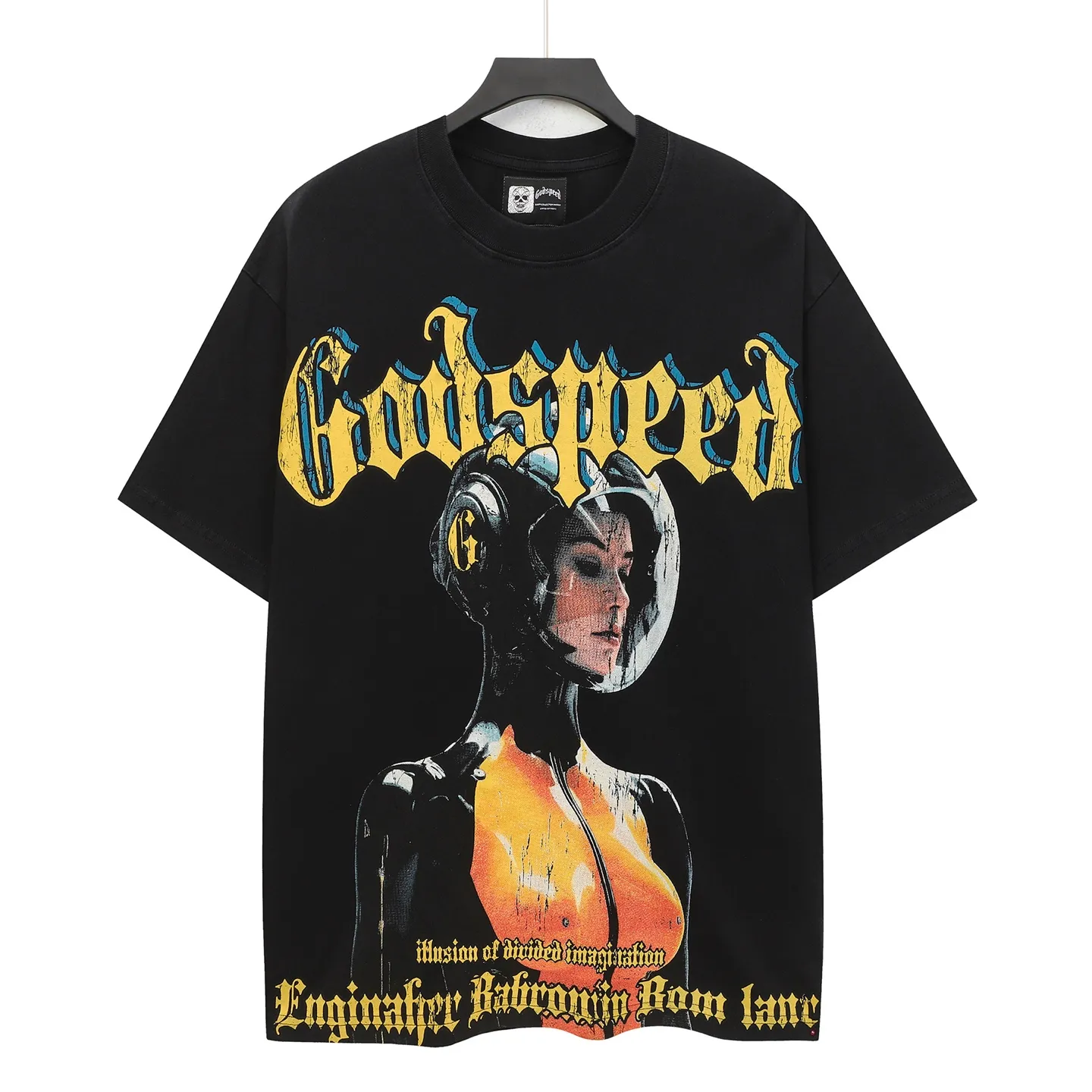 6309# Washed black I P116 Real stock (American fashion niche) Godspeed cross-border American rock street washed retro style short-sleeved T (craft printing) Fabric (fabric): 32 counts combed double yarn 250 grams weight Size (size): S-M-L-XL Color (colour): Washed black