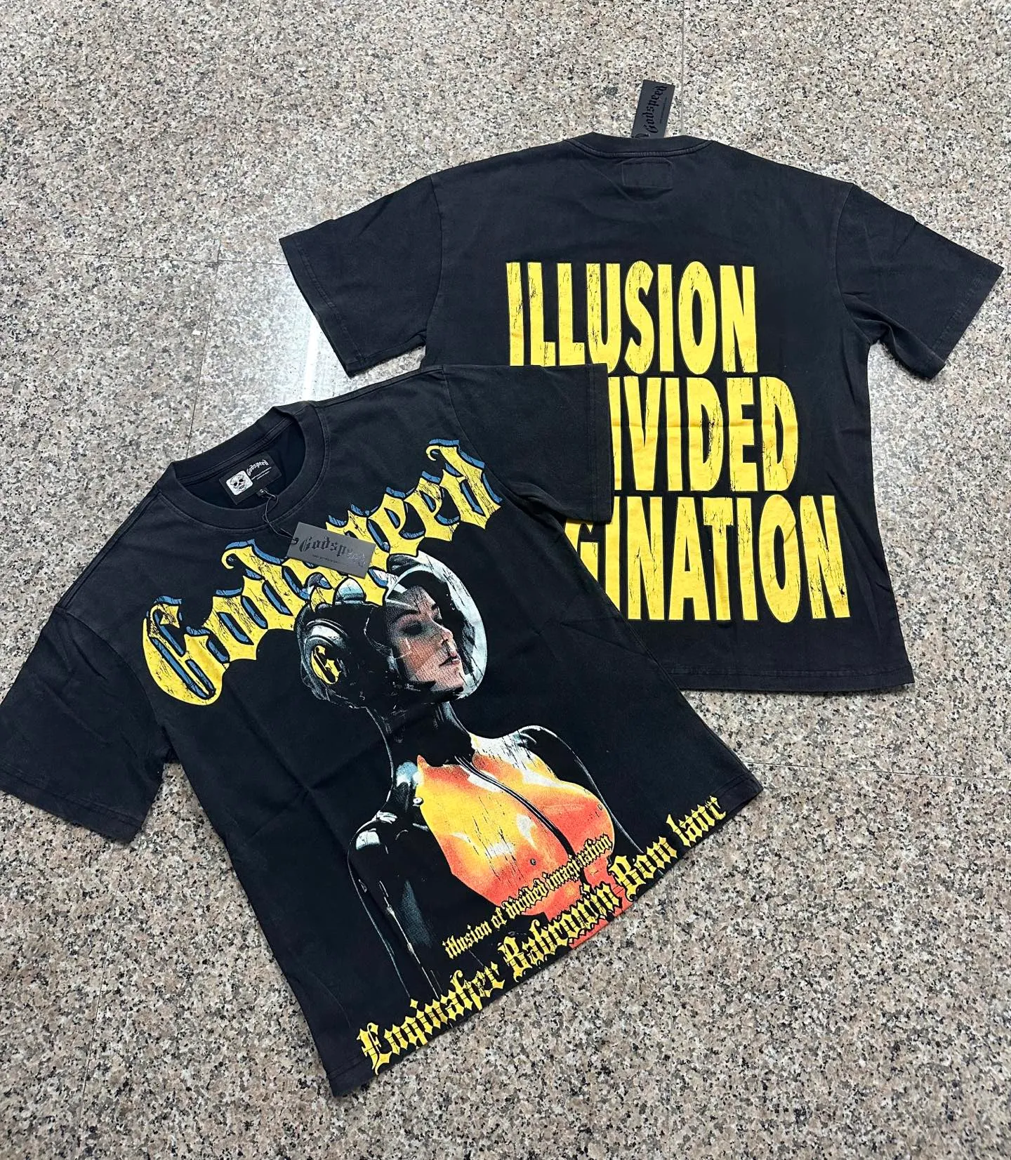 6309# Washed black I P116 Real stock (American fashion niche) Godspeed cross-border American rock street washed retro style short-sleeved T (craft printing) Fabric (fabric): 32 counts combed double yarn 250 grams weight Size (size): S-M-L-XL Color (colour): Washed black