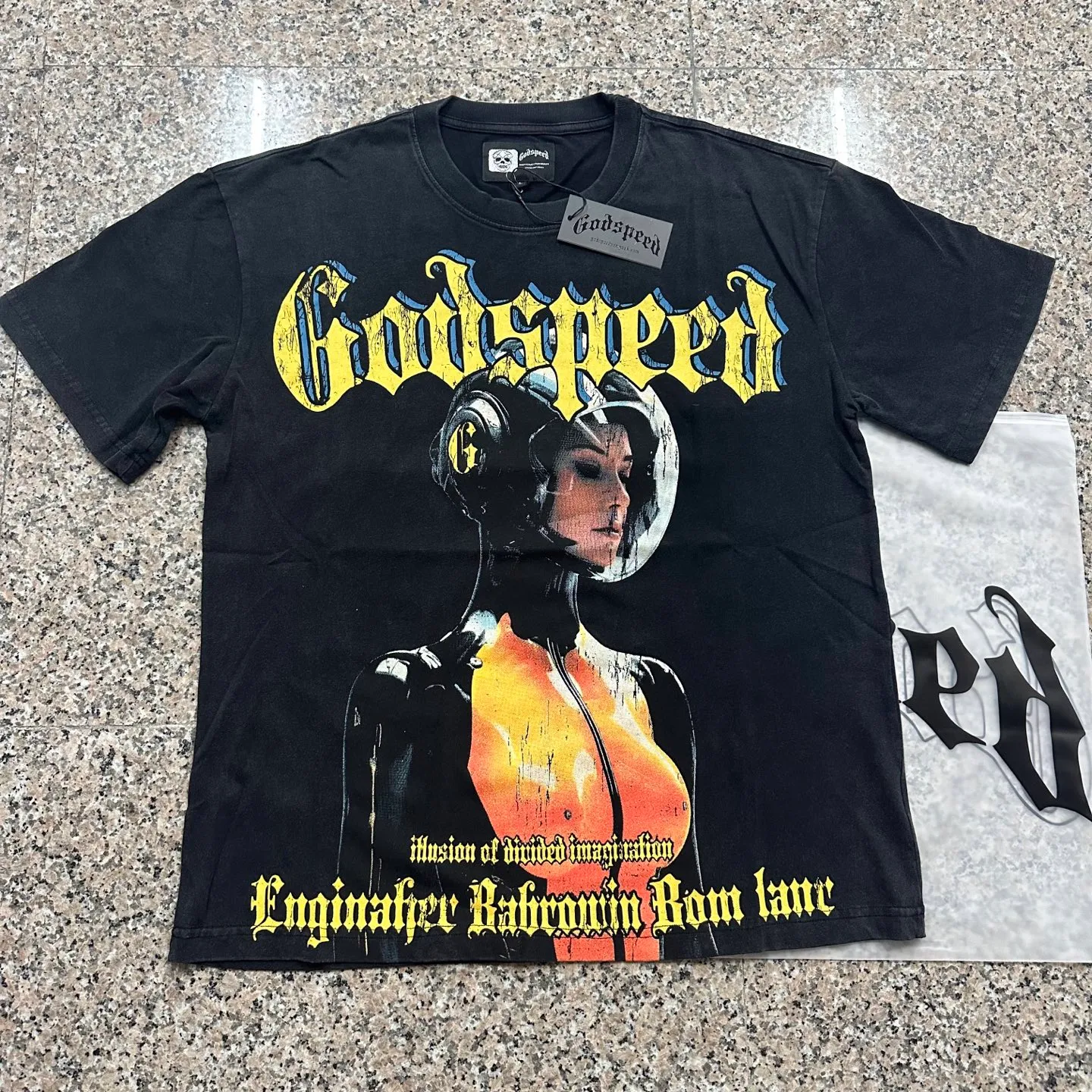 6309# Washed black I P116 Real stock (American fashion niche) Godspeed cross-border American rock street washed retro style short-sleeved T (craft printing) Fabric (fabric): 32 counts combed double yarn 250 grams weight Size (size): S-M-L-XL Color (colour): Washed black