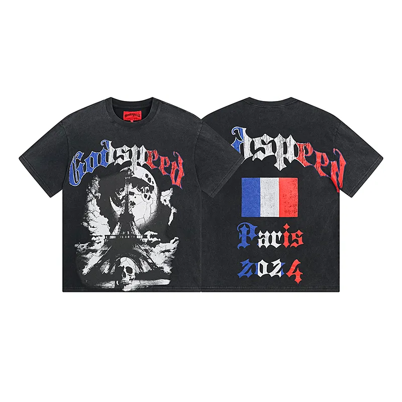1078# P126 Washed Black Real Shot Godspeed American Fashion Rock Street Retro Washed Distressed Printed Pure Cotton Short Sleeves Fabric: 250g 32 Count Fine Cotton Double Yarn Pure Cotton Color: Washed Black Size: S M L XL