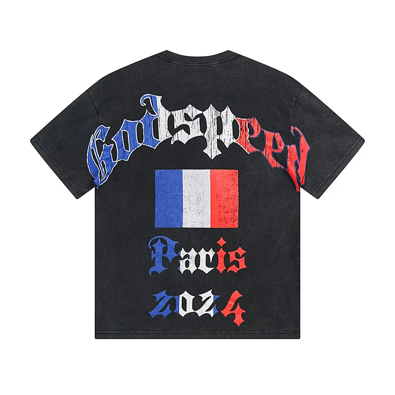 1078# P126 Washed Black Real Shot Godspeed American Fashion Rock Street Retro Washed Distressed Printed Pure Cotton Short Sleeves Fabric: 250g 32 Count Fine Cotton Double Yarn Pure Cotton Color: Washed Black Size: S M L XL