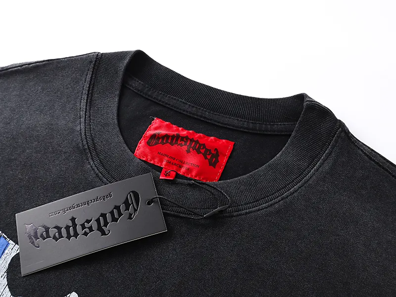 1078# P126 Washed Black Real Shot Godspeed American Fashion Rock Street Retro Washed Distressed Printed Pure Cotton Short Sleeves Fabric: 250g 32 Count Fine Cotton Double Yarn Pure Cotton Color: Washed Black Size: S M L XL