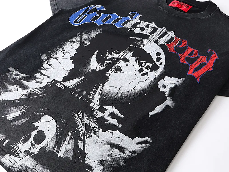 1078# P126 Washed Black Real Shot Godspeed American Fashion Rock Street Retro Washed Distressed Printed Pure Cotton Short Sleeves Fabric: 250g 32 Count Fine Cotton Double Yarn Pure Cotton Color: Washed Black Size: S M L XL